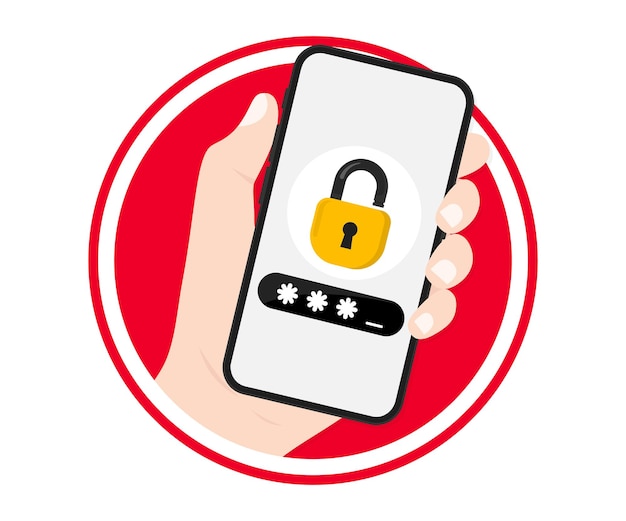Рука смартфон с экраном блокировки. Телефон с защитой безопасности проверки ввода пароля для авторизации в сообщении с уведомлением о безопасном доступе к мобильному телефону. Двухэтапная аутентификация