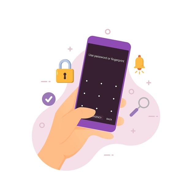 Hand holding smartphone with lock screen vector illustration