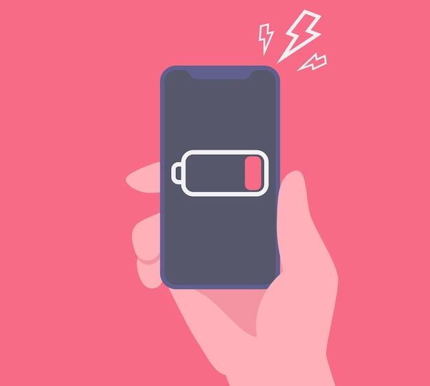 Vector hand holding smartphone with low battery icon on the screen low battery life of mobile phone vector illustration