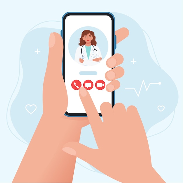 Hand holding smartphone with medical consultation and treatment illustration in flaty design