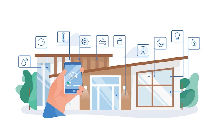 Vector hand holding smartphone with mobile application for house automation against residential building