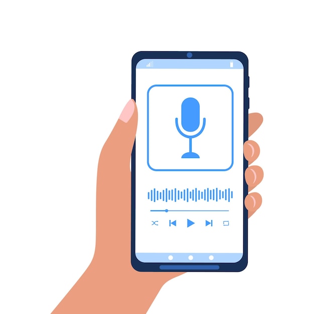 ベクトル 画面にポッドキャストプレーヤーインターフェイスを備えたスマートフォンを持っている手