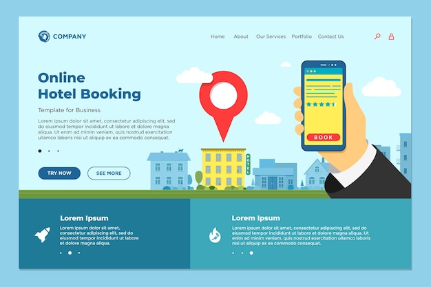 Vector hand holding smartphone with rating review at hotel search and booking online landing page. mobile app hostel searching detailed and reservation application interface. vector web design template eps