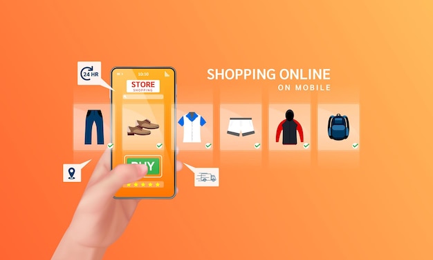 Hand holding smartphone with shop app shopping online on website in mobile application