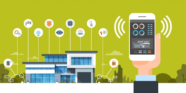 Vettore smartphone della tenuta della mano con il concetto moderno di automazione della camera dell'interfaccia di controllo astuto del sistema domestico