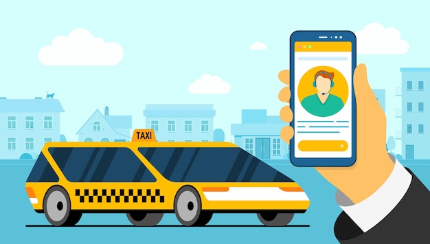 Smartphone della tenuta della mano con l'avatar dell'operatore del taxi e automobile gialla moderna sulla strada di paesaggio urbano. applicazione per il servizio di ordinazione di spedizionieri di consegna online. ottieni l'app del taxi nell'illustrazione vettoriale piatta della città