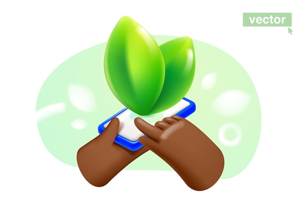 Vettore mano che tiene smartphone con schermo bianco e foglie verdi in cornice ovale modello di banner web ecologico