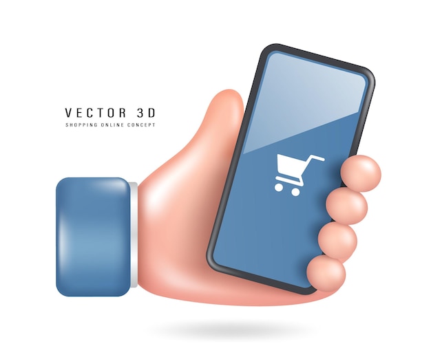 Hand holding a smartphone with white shopping cart icon popup on a blue screen