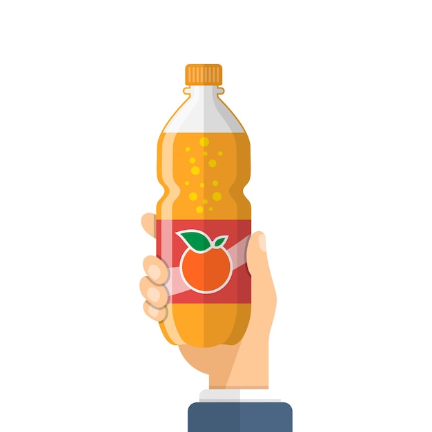 Hand holding soda drink icon in flat style Plastic bottle vector illustration on isolated background Water beverage sign business concept