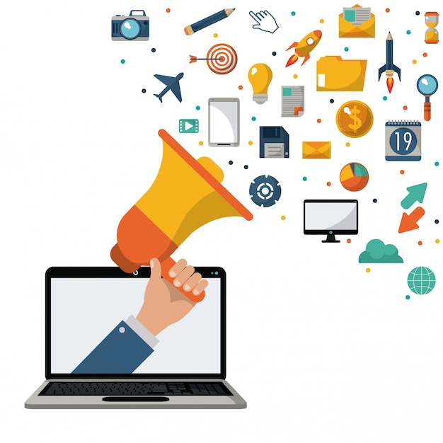 hand holding speaker laptop marketing news media
