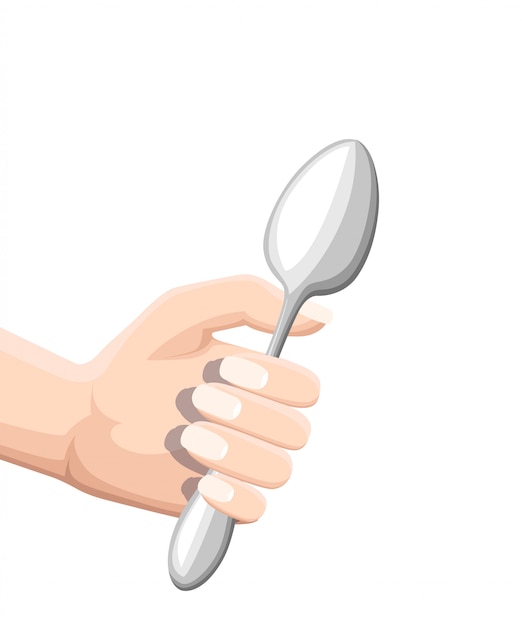 Hand holding a spoon. stainless kitchen utensil. flat illustration isolated on white background. colored icon for restaurant menu or cafe.