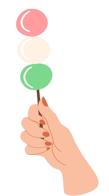 Hand holding stick with japanese dango dessert with 3 different colours.