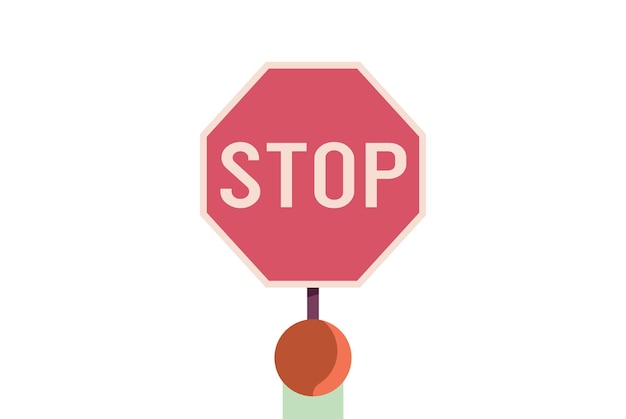 Vector hand holding stop sign and closing or blocking way industrial worker hand in uniform building.