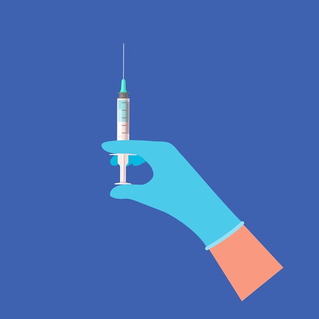 Hand holding syringe isolated on white. vaccination or medicare concept. vaccine in a syringe. vector illustration