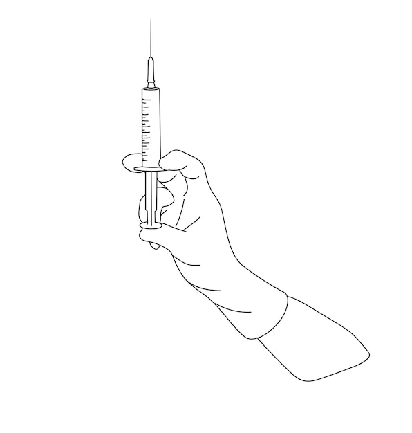 Hand holding syringe Line art illustration