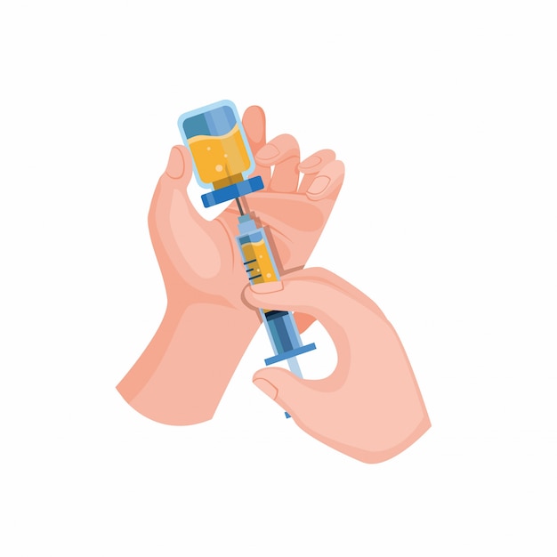 Vector hand holding syringe and vaccine to immune from virus infection in cartoon flat illustration