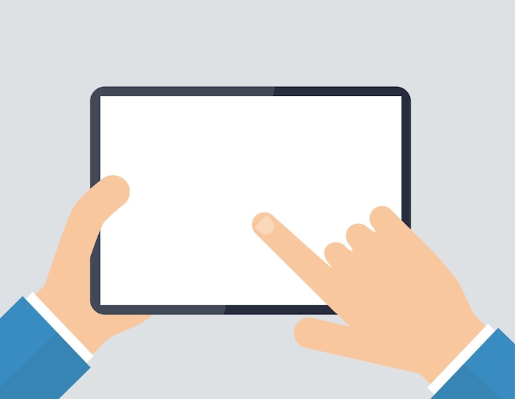 Vector hand holding tablet flat vector illustration