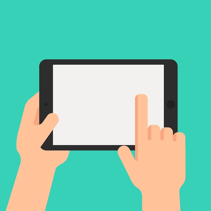 Vector hand holding tablet and pointing on the screen 