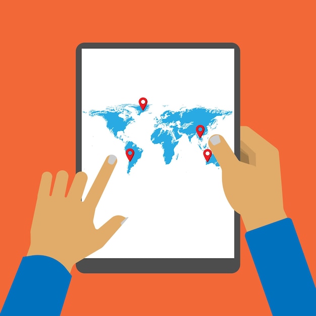 タブレットを手で握り地図とポインターに触れる