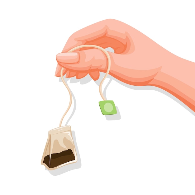 Hand holding tea bag healthy drink product cartoon illustration vector