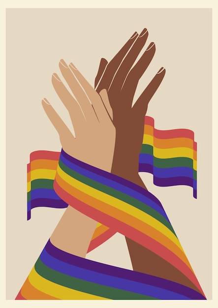 Mano che tiene insieme l'illustrazione del mese dell'orgoglio della bandiera lgbt arcobaleno amore multirazziale