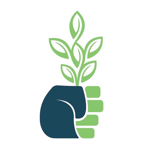 Hand holding tree logo template design Green tree growing in hand vector illustration