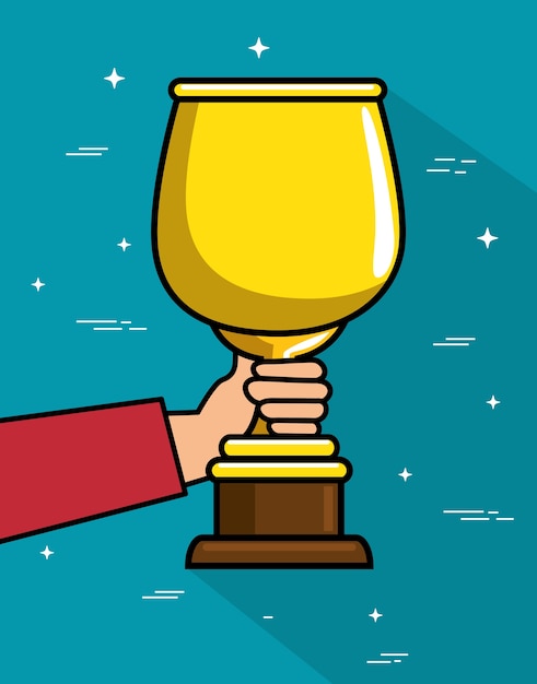 Vector hand holding trophy over teal background vector illustration