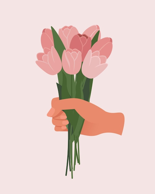 Hand holding tulips bouquet Vector Illustration in flat style