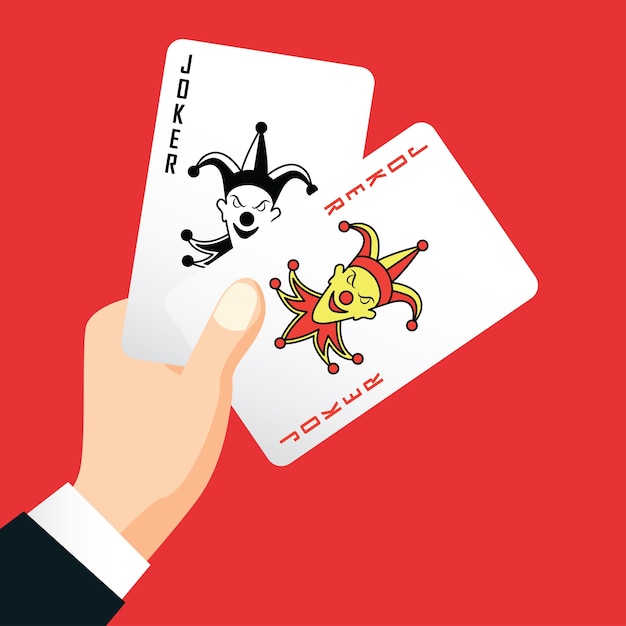 Vector hand holding two joker, poker playing card concept