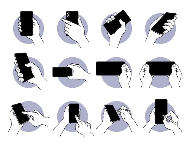 Vector hand holding and using smart phone with black blank screen icon set.