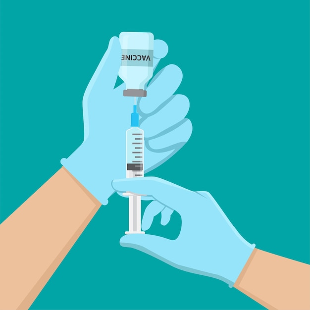 Vector hand holding vaccine and syringe flat design  illustration