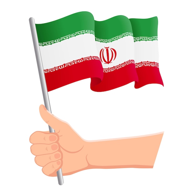 Mano che tiene e sventola la bandiera nazionale dell'iran concetto patriottico del giorno dell'indipendenza dei fan illustrazione vettoriale