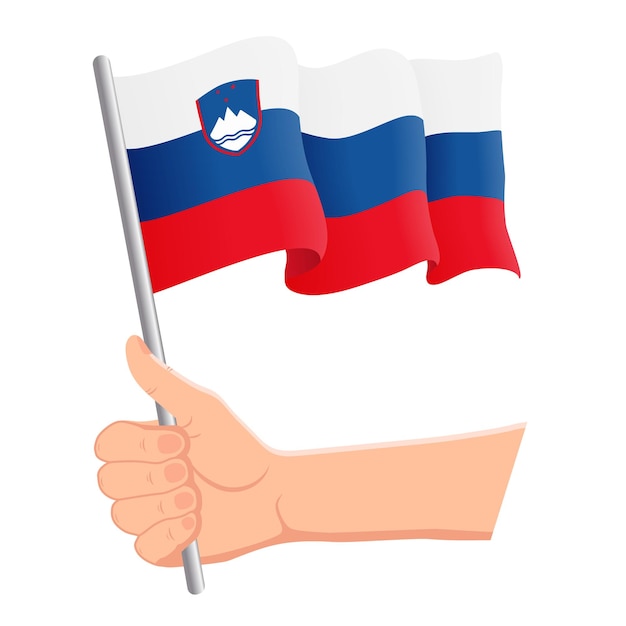 スロベニア ファンの独立記念日の愛国心が強い概念ベクトル図の国旗を持って振っている手