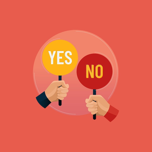 YES と NO のバナーを持っている手、選択の概念、独自の個人的な意見の抗議または投票