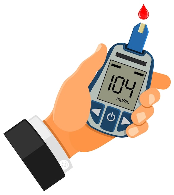 Vector hand holds blood glucose meter blood sugar level testing treatment monitoring and diagnosis of diabetes concept icon in flat style isolated vector illustration on transparent background