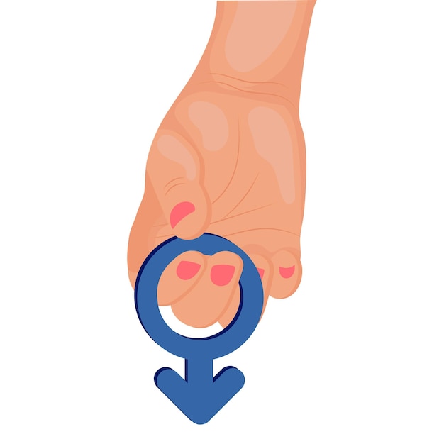 Vector a hand holds a blue male symbol. the sign of the masculine principle in the hand.