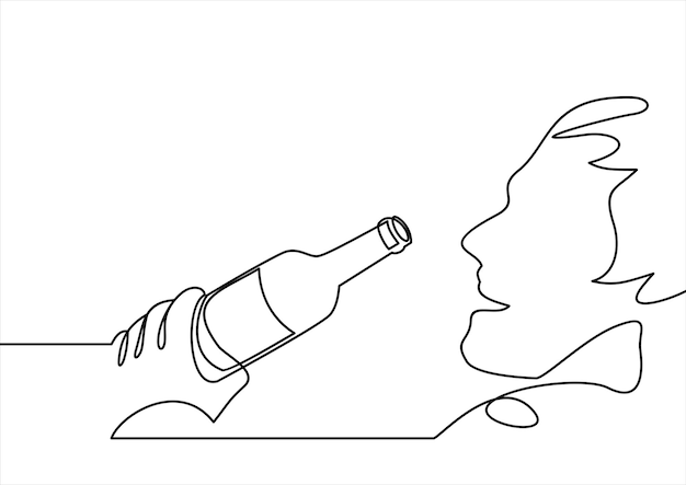 Hand holds a bottle man drinking from a bottle vector illustrationcontinuous line drawing