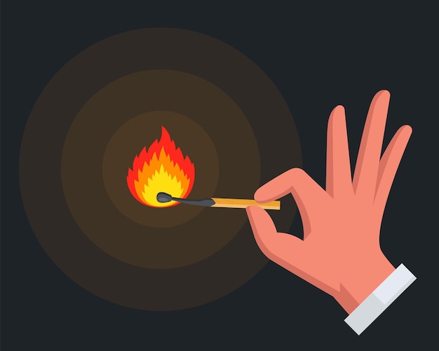 A hand holds a burning match to light its path. flat vector illustration.