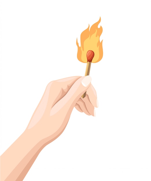 Vector hand holds a burning match stick. match with fire.   style.  illustration  on white background