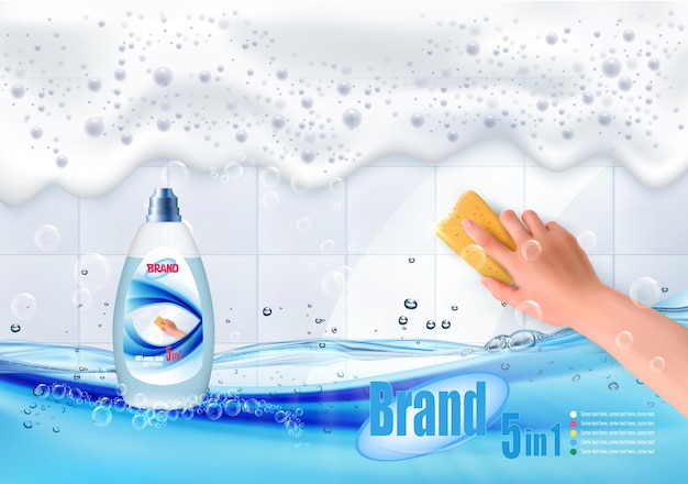 La mano tiene una spugna gialla per la pulizia e pulisce una schiuma insaponata su piastrelle bianche sporche prima e dopo il modello di annuncio per il detergente per piastrelle prima e dopo l'effetto di pulizia del detergente con il mockup della bottiglia vettore