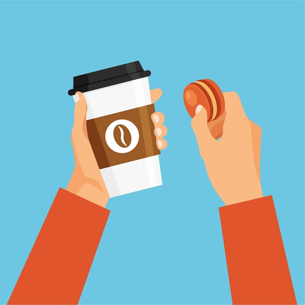 Hand holds coffee cup and macaron cookie in trendy flat style. Design element for your advertisement