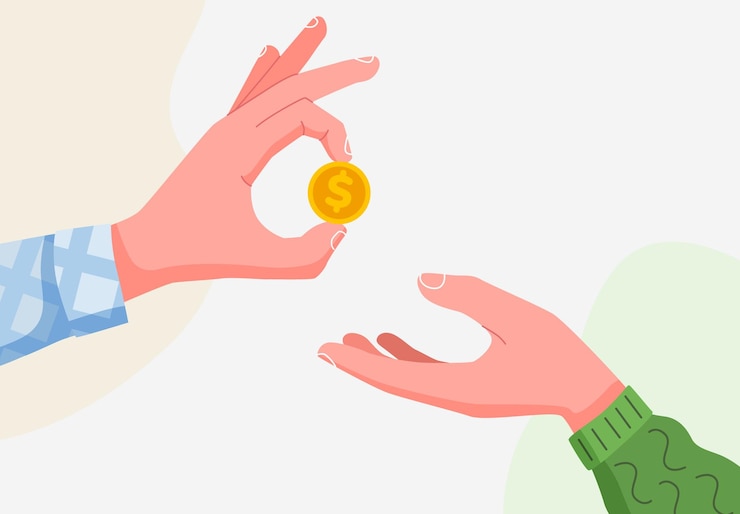 Vector a hand holds a coin and gives it to another salary charity and finance concept modern flat style isolated on white background