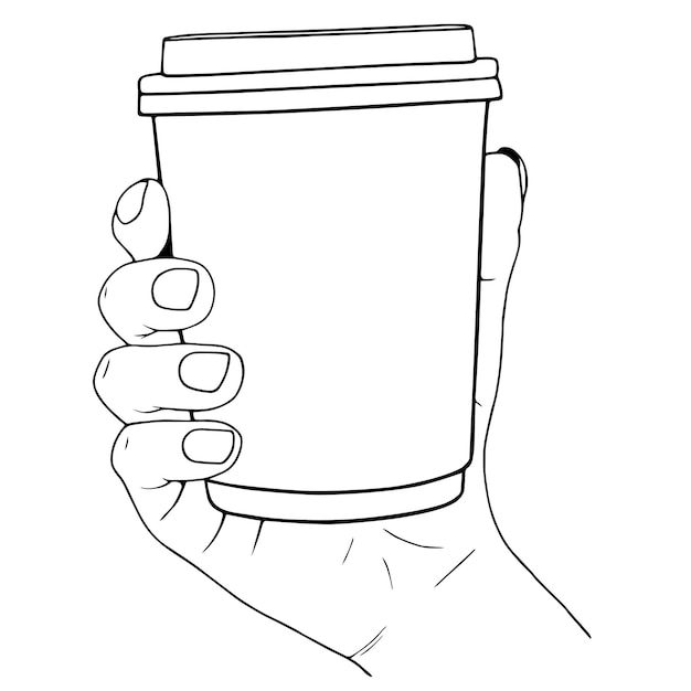 Una mano tiene una tazza usa e getta per caffè o tè disegno a mano di illustrazione lineare