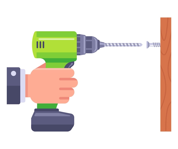 Vector a hand holds a drill and twists a bolt into a tree construction tool for housework flat vector illustration