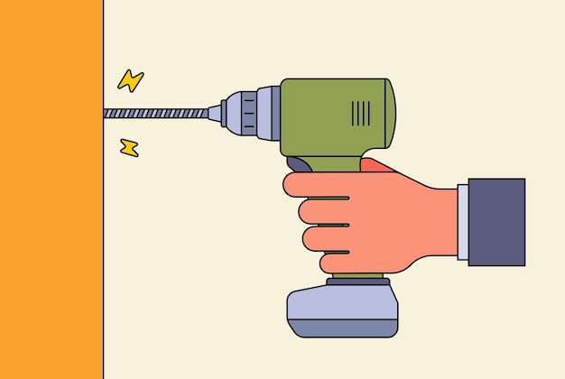 A hand holds a drill and twists a bolt into a tree construction tool for housework