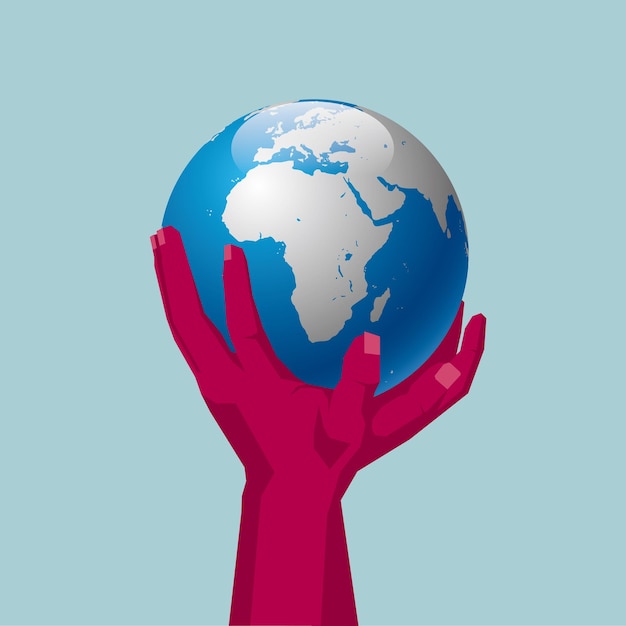 Hand holds the earth, isolated on blue background.