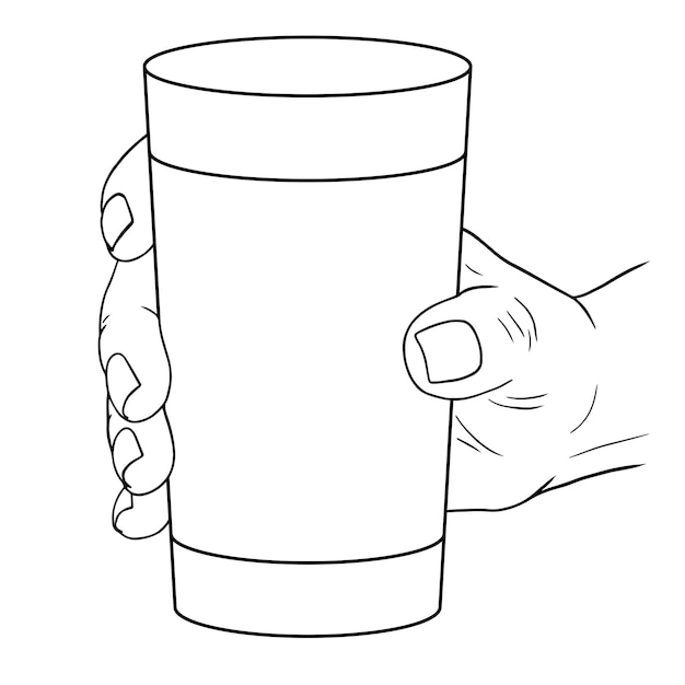 Vector hand holds a glass or a cup of water coffee or tea vector linear illustration hand drawing