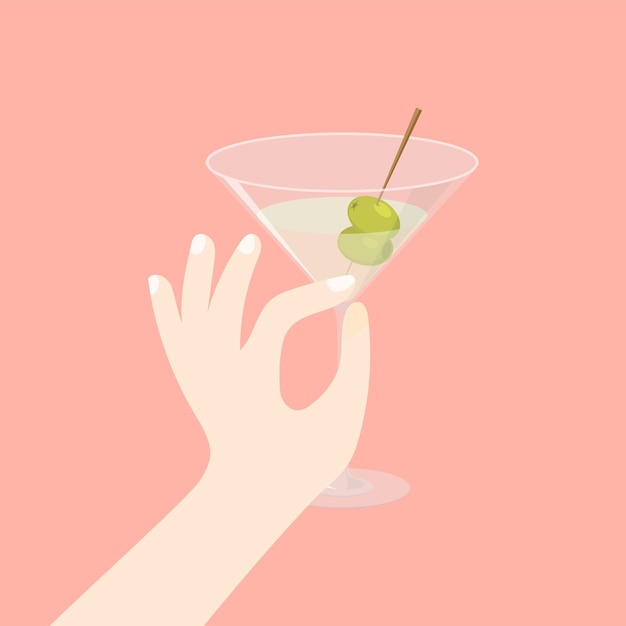 A hand holds a glass in an elegant way martini cocktail with olives vector illustration