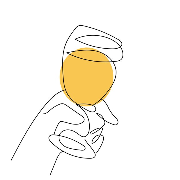 Hand holds a glass with a drink Continuous one line drawing Yellow alcoholic drink tropical cocktail fruit juice Toast congratulations cheers Celebration party Vector isolated on white