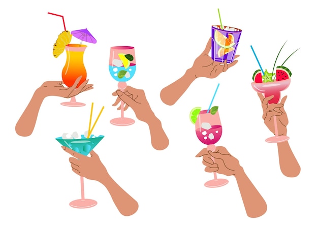 Hand holds a glass with a refreshing drink Set of different glasses with summer trendy cocktails